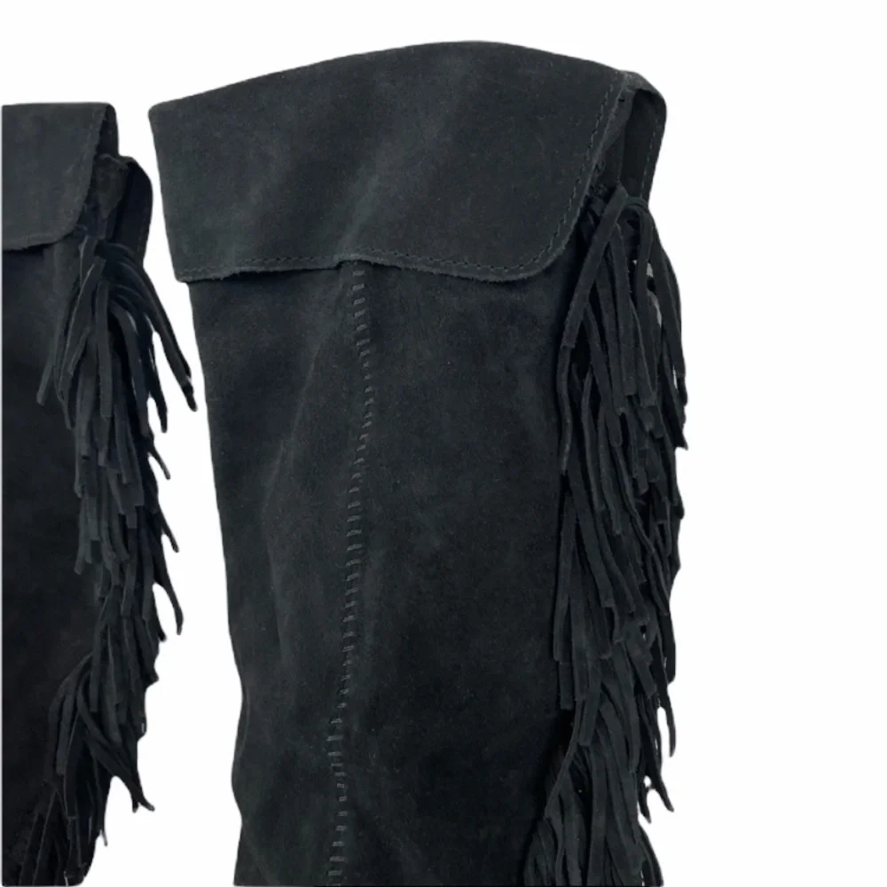 Vintage Suede Boots Black Fringe Knee High Tall Y2K Minnetonka Indian Moccasins